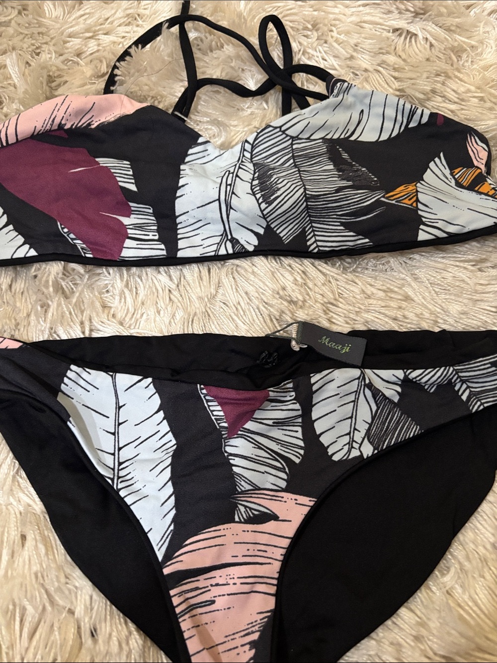Maaji Black Bikini Set with Pink, White & Maroon Leaf Print